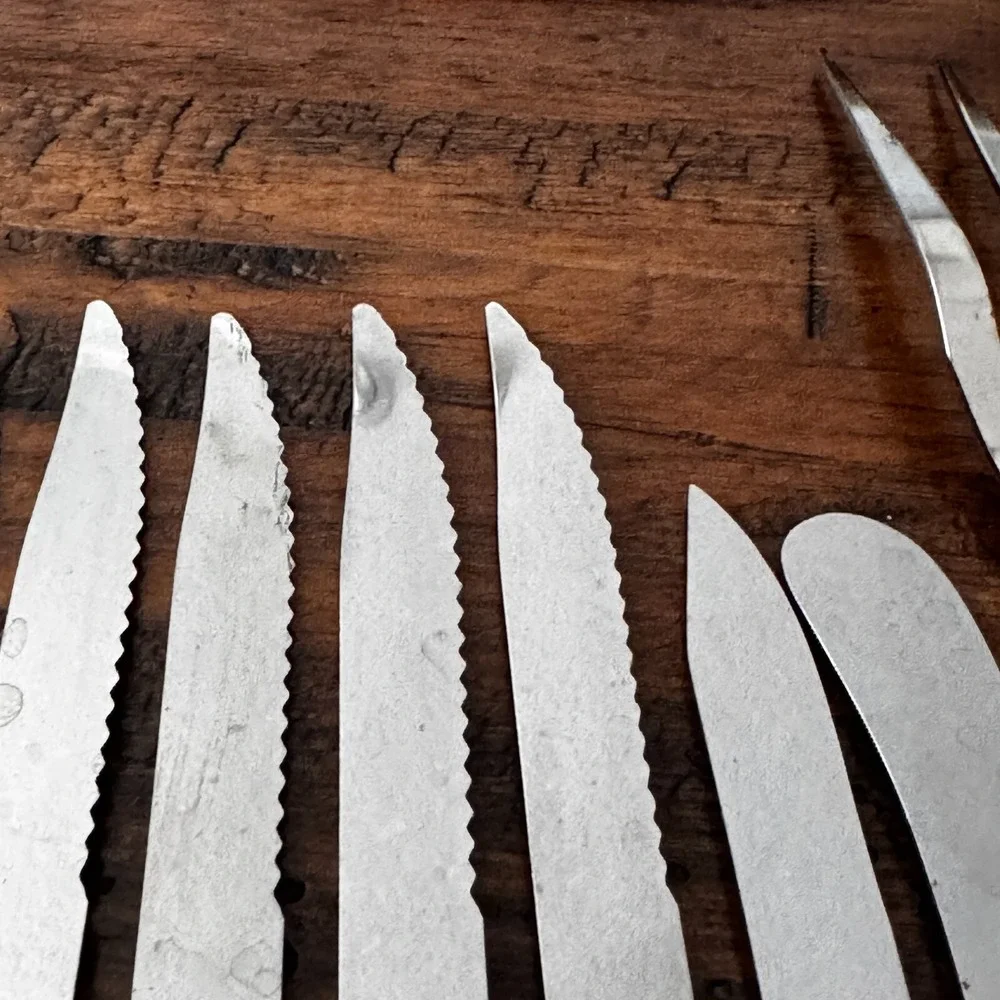 MCM Vintage 10 Regent Sheffield Kitchen Knives & One fork‎ Ivory Brown Leaf